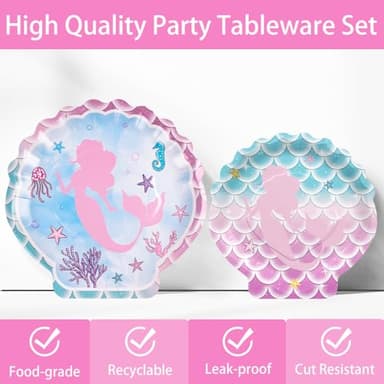 170pcs Mermaid Birthday Party Supplies Mermaid Party Decorations Includes Paper Plates Napkins Tablecloth Banner Cups Banner Forks for Baby Shower Ocean Birthday Party Decorations Serve 24 - Image 3