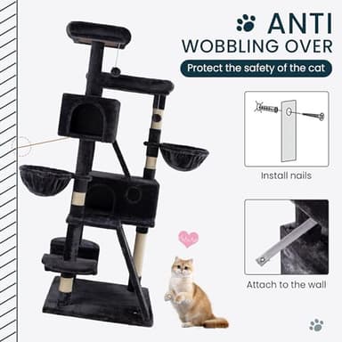 SHA CERLIN 65in Larger Cat Tree Tower Condo for Indoor Kitties/Multi-Level Furniture Activity Center with Wide Base/Cozy Plush Cat Perches/Baskets/Sisal Scratching Posts and Hammock/Dark Grey - Image 7
