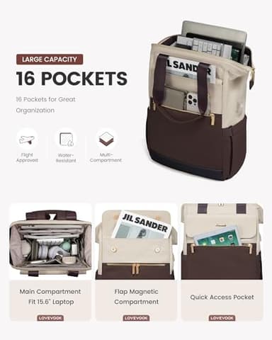 LOVEVOOK Laptop Backpack for Women, 15.6 Inch Work Laptop Bag with USB Port, Fashion Teacher Nurse Backpack Purse, Waterproof Travel Computer Backpack with Organizer Bag, 2PCS, Apricot-Coffee - Image 3