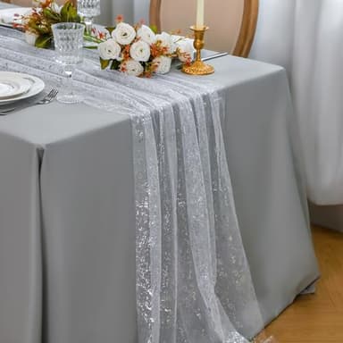 Snowkingdom 6 Pcs 10 FT Silver White Cheesecloth Table Runner Sheer Chiffon Gauze Runner, Sequin Glitter Silver Table Decoration Centerpieces for Wedding Birthday Christmas Bridal Baby Shower - Image 2