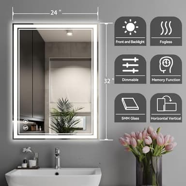 24“ x 32” LED Mirror for Bathroom LED Bathroom Mirror Anti-Fog Dimmable 3 Colors Bathroom Mirror with Lights Smart Mirror Memory Wall Mounted Front and Backlit Horizontal/Vertical - Image 2