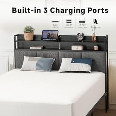 Z-hom Twin Bed Frames, Upholstered Upgraded Metal Bed Frame with LED Lights Headboard & Footboard, Bed Furniture with Charging Station Ports & Storage Shelves, Easy Assembly Bed Frame, Noise Free - Image 3