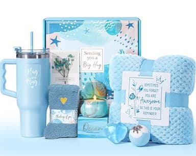 Birthday Gifts for Women Self Care Gifts Get Well Soon Gifts, Ocean Relaxing Spa Gifts Basket Care Package w/ Flannel Blanket 40 OZ Tumbler, Christmas Gifts for Mom Wife Grandma Friends Sisters Her - Image 1