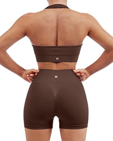SUUKSESS Women Two Piece Seamless Ribbed Workout Sets Outfits Backless Halter Sports Bra Booty Biker Shorts (Dark Brown, M) - Image 1