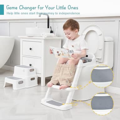 Forbena Potty Training Toilet Seat with Step Stool Ladder, Toddler Kids Potty Seat for Boys Girls, Non Slip Foldable Toilet Training Seat with Soft Cushion, Comfortable Handles (White-Grey) - Image 2