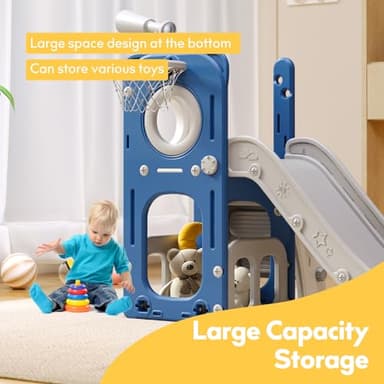 Baotree 6 in 1 Toddler Playset with Slide, Kids Slide with Basketball Hoop, Ball, Ring Toss, Indoor Outdoor Toys (White Blue) - Image 4