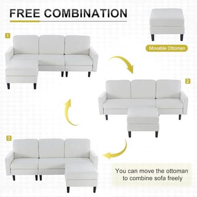VECELO Convertible Sectional Sofa, Modern Linen Fabric L-Shaped Couch with Reversible Chaise for Living Room/Apartment/Office, White - Image 3