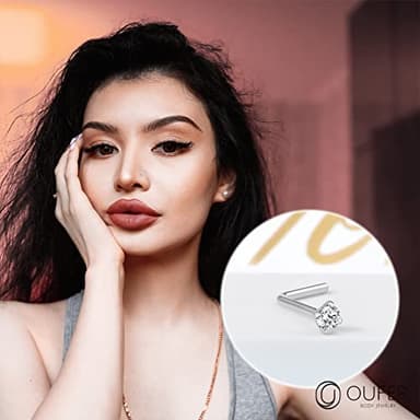 OUFER 925 Sterling Silver Nose Stud, Bone L Screw Shaped Nose Rings, 20G Nostril Solid 2mm Round CZ Nose Piercing Jewelry for Women Men - Image 6