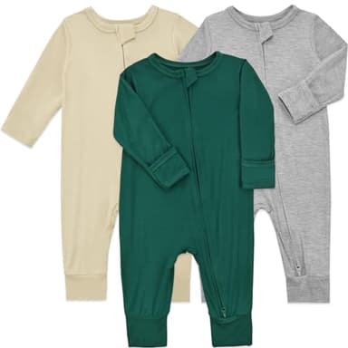 Aablexema Baby Footless Pajamas Bamboo Rayon 3pcs Unisex Infant Zipper Romper with Mitten Cuffs(Beige&Light Grey&Green,18-24m) - Image 2