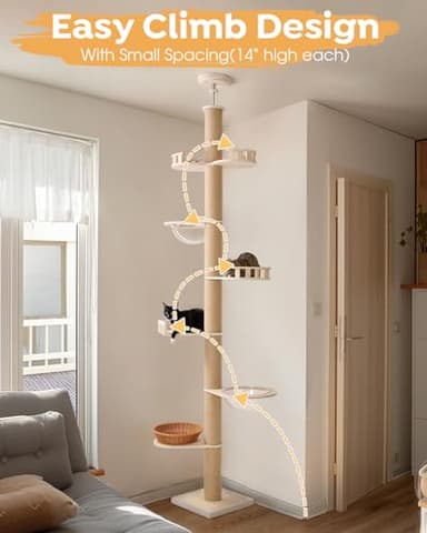 Veehoo Floor to Ceiling Cat Tree Height(106-123 Inch) Adjustable, Sturdy Tall Cat Tree with 4.3" Thickened Scratching Posts, Floor to Ceiling Cat Tower for Indoor Cats - Image 7