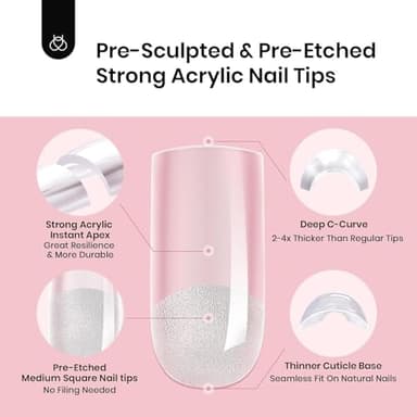 Beetles Tipex Nail Kit, Square Medium Nail Tips 224 Pcs 16 Sizes Pre-Etched Fake Nails with Tipex Nail Glue Mini Nail Lamp - Thick Acrylic Nail Set Pre-Builder Gel Press-on Nails - Image 7