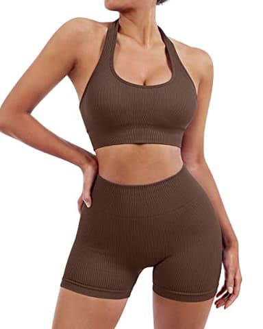 SUUKSESS Women Two Piece Seamless Ribbed Workout Sets Outfits Backless Halter Sports Bra Booty Biker Shorts (Dark Brown, M) - Image 5