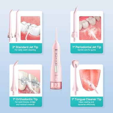 COSLUS Water Dental Flosser Teeth Pick: Portable Cordless Oral Irrigator 300ML Rechargeable Travel Irrigation Cleaner IPX7 Waterproof Electric Flossing Machine for Teeth Cleaning C20(F5020E) Pink - Image 8