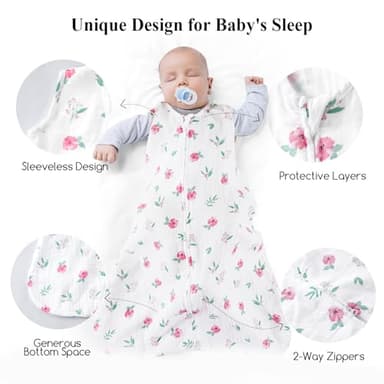 david's kids Muslin Cotton Baby Sleep Sack 0-6 Months, 2 Pack 100% Cotton Sleeping Bag for Summer, TOG 0.5 Baby Wearable Blankets with 2-Way Zipper, Soft Sleep Sacks for Newborn Infant, Floral - Image 3