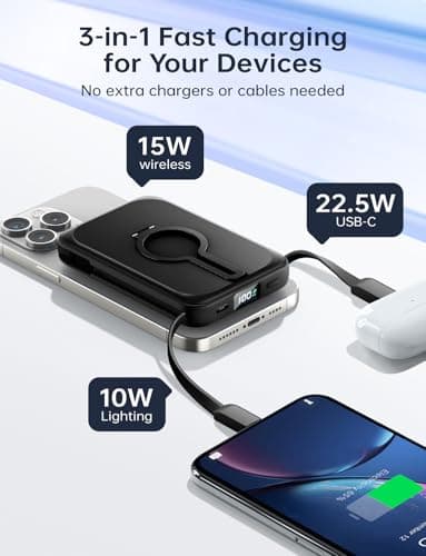 Drmpry Magnetic Portable Charger, 10000mAh Wireless Power Bank with Stand, 22.5W Fast Charging Battery Pack with Built in Cables, Compatible with iPhone 16 15 14 13 12 Samsung S22 S21 Google iPad ect - Image 4