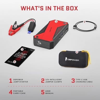 DBPOWER Peak 1600A 18000mAh Portable Car Jump Starter(up to 7.2 Gas, 5.5L Diesel Engines) Battery Booster with Smart Charging Port, LCD Display, Intelligent Jumper Clamps, Compass and LED Light - Image 7