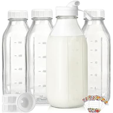 Liter Glass Milk Bottles w Scale, 100% Airtight Heavy Duty Screw Lid - 4 Pack 32 Oz Drinking Jars w Lids - Glass Bottles for Milk, Honey, Jam - Dishwasher Safe(Extra 2 Lids and 1 Pour Spout) - Image 1