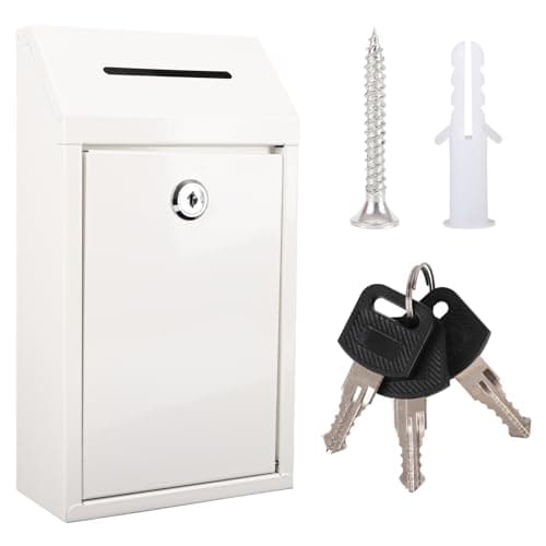 Metal Donation Box with Lock Ballot Box Drop Box with Lock Suggestion Box with Slot and Locks Metal Locks Boxs Comment Box Voting Box Key Drop Box for Home Office(White,10.24 x 5.71 x 2.95 Inch) - Image 1