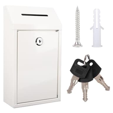 Metal Donation Box with Lock Ballot Box Drop Box with Lock Suggestion Box with Slot and Locks Metal Locks Boxs Comment Box Voting Box Key Drop Box for Home Office(White,10.24 x 5.71 x 2.95 Inch) - Image 1