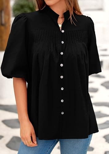 PRETTYGARDEN Women's 2025 Summer Short Lantern Sleeve Tops Loose Fit Button Down Shirt Pleated V Neck Blouses Trendy Clothes (Black,X-Large) - Image 7