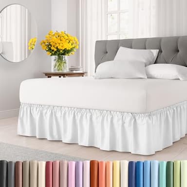 Wrap Around Dust Ruffle Bed Skirt - White - for Queen Size Beds with 12 Inch Drop - Easy Fit Elastic Strap - Adjustable Pleated Bedskirt w/Brushed Fabric - Wrinkle Free - for Women, Men, Kids & Teens - Image 1