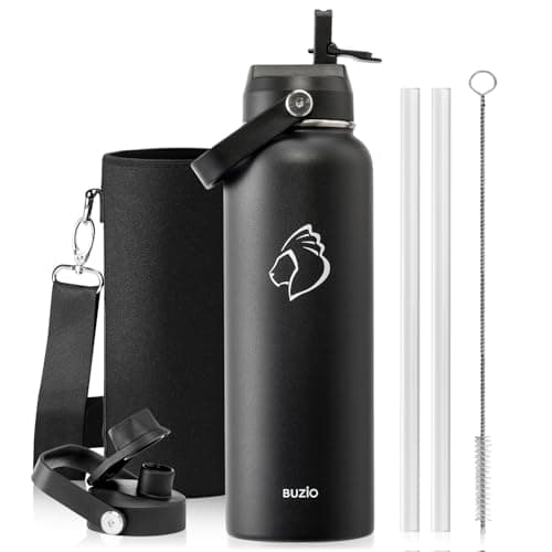 BUZIO 40oz Insulated Water Bottle, Triple Wall Vacuum Stainless Steel Water Flask with 2 lids, Lead-Free BPA-Free Straw Lid Sports Canteen Jug, Cold 48H & Hot 24H- Black - Image 1