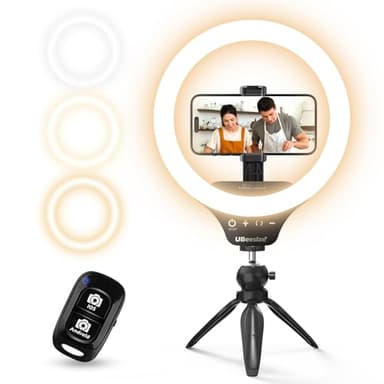 UBeesize 10" Selfie Ring Light with Tripod Stand & Cell Phone Holder, Dimmable Desktop LED Circle Light for Live Streaming/Makeup/YouTube/TIK Tok, Compatible with iOS and Android Phones Black - Image 1