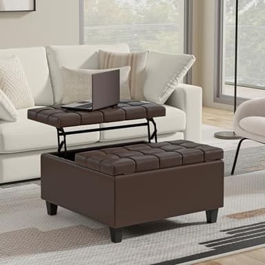 SIMPLIHOME Harrison 30 inch Wide Transitional Square Small Coffee Table Storage Ottoman in Chocolate Brown Vegan Faux Leather, Assembled, for The Living Room and Bedroom - Image 2