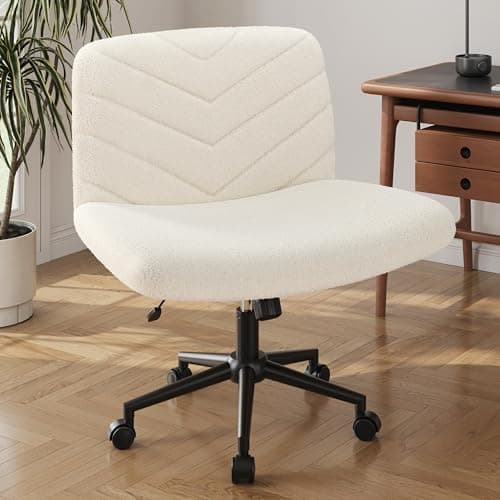Yaheetech Wide Criss Cross Legged Office Desk Chair with No Wheels, Vanity Comfy Swivel Computer Chairs for Home Office Reading Makeup, Ivory - Image 1