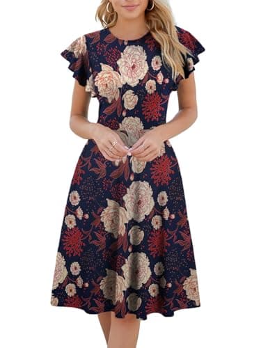 HELYO Semi-Formal Dresses for Women Fit and Flare Elegant Ruffle Sleeves V-Back Work A-Line Cocktail Party Dress with Pockets 842 Yellow Blue XXL - Image 1