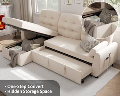 Ucloveria Sectional Sofa Couch, 87" Sleeper Sofa Bed with Reversible Storage Chaise Pull Out Couch for Living Room | Side Pocket | Charging Station | Removable Backrest | Linen Fabric, Beige - Image 6