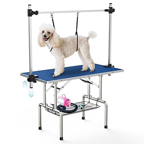 Lyromix 46''Large Dog Grooming Table, Adjustable Cat Drying Desktop with Arms, Nooses, Mesh Tray, Foldable Pet Station at Home, Maximum Capacity Up to 330Lb, 46inch, Blue - Image 1