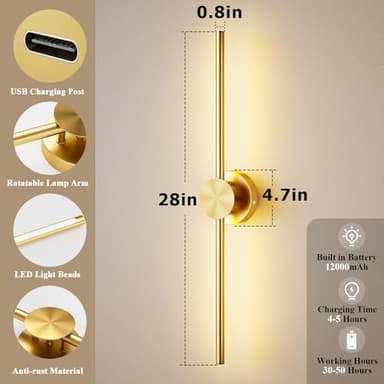 Battery Operated Wall Sconce Set of 2, Gold Rechargeable Wall Lights with Remote Control, 3000K-6500K Dimmable Wireless Wall Sconces with Rotatable Lamppost for Living Room, Bedroom, 28.15 Inch - Image 7