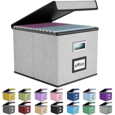 Huolewa Upgraded Portable File Organizer Box with Lid, Collapsible Linen Hanging Filing Storage Boxes with Plastic Slides, Decorative Home/Office Filing System Box for File and Folders Storage (Gray) - Image 1