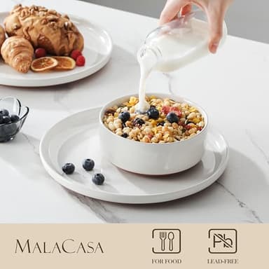 MALACASA Plates and Bowls Sets, 12 Pieces Modern Stoneware Dinnerware Set for 4 Kitchen Dinner Set Ceramic Dishware Dishes Set Microwave and Dishwasher Safe, White, Series TARA - Image 3
