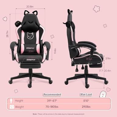 Dowinx Gaming Chair Cute with Cat Ears and Massage Lumbar Support, Ergonomic Computer Chair for Girl with Footrest and Headrest, Comfortable Reclining Game Chair 290lbs for Adult, Teen, Black - Image 2