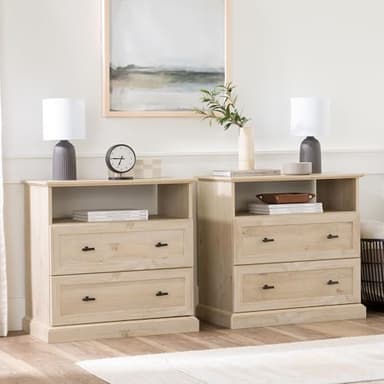 Walker Edison Clyde Classic Rustic 2-Drawer Open-Cubby Nighstands End Side Tables Living Room Bedroom Storage, Set of 2, White Oak - Image 2