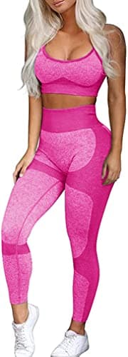 OLCHEE Women’s Workout Sets 2 Piece - Seamless Yoga Leggings and Cross-Strap Sports Bra Gym Outfits Activewear Matching Set - Pink Small - Image 1