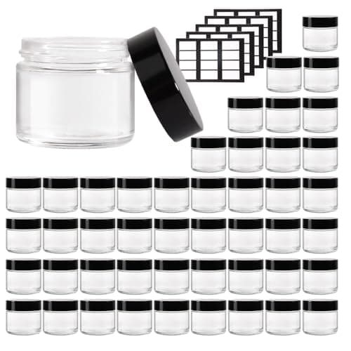 Stellacare 46 pack 2oz Glass Jars Round Empty Cosmetic Containers, Refillable Glass Jars with Lids for Face Creams, Lotions, Powders,Salves Ointments,Potravel Storage - Image 1