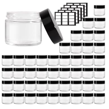 Stellacare 46 pack 2oz Glass Jars Round Empty Cosmetic Containers, Refillable Glass Jars with Lids for Face Creams, Lotions, Powders,Salves Ointments,Potravel Storage - Image 1