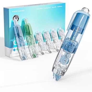 Four Candies Refillable Retractable White Correction Tape, 2PCS White Cute Smooth Push Pull Out Tape with 4 Extra Refills, Aesthetic Pen Shaped Applicator for School Office Supplies (Blue Green) - Image 1