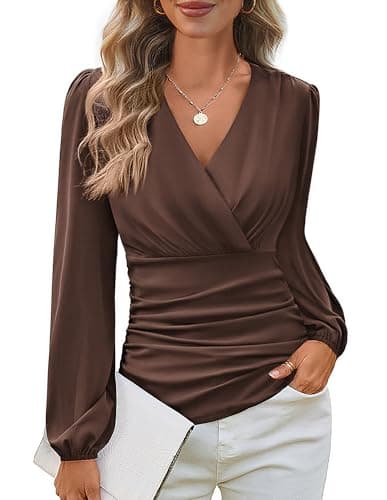 Womens Shirts Long Sleeve Winter Tops Casual Office Work Blouse Vintage Ruched Top Coffee XL - Image 1