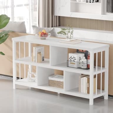 IBF White Wood Bookshelf, Industrial Horizontal Cubby Book Shelf, Low Open Shelf Bookcase for Office Living Room, Modern Short Wide 5 Cube Storage Organizer for Books Display Bedroom, White Oak, 47 In - Image 9