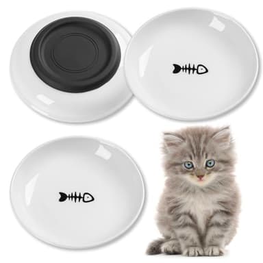 Kitwinney Cat Food Bowls, Whisker Friendly Ceramic Cat Bowls with Nonslip Silicone Bottom, Pack of 3 Quiet Cat Dishes and Plates for Feeding Indoor Cats, Kittens and Small Dogs(Fishbone) - Image 1