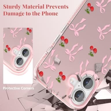 ZTOFERA for iPhone 16 Plus Case,Cute Pink Ribbon Bow Tie Planet Star Floral Aesthetic Phone Case,Trendy Slim Hard IMD Shockproof Protective Bumper Phone Cover for Women Girls,Cherry - Image 7