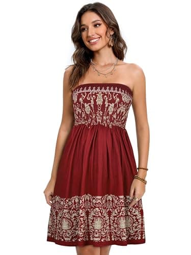Strapless Sun Dresses for Women Short Swing Summer Dress Bandeau Beach Cover Up(Boho Red Yellow Print,XL) - Image 2