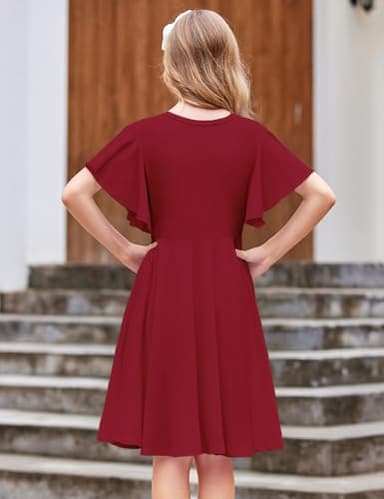 Arshiner Girl's Summer Dresses Ruffle Short Sleeve Swing Flowy Midi Casual Sundress with Pockets A Wine Red Toddler 4-5 Y - Image 7
