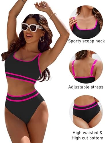 BMJL Women's High Waisted Bikini Sets Sporty Two Piece Swimsuit Color Block Cheeky High Cut Bathing Suits(M,Black Pink) - Image 3