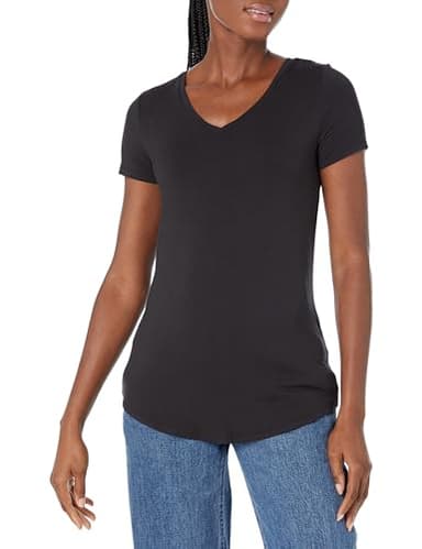 Amazon Essentials Women's Relaxed-Fit Short-Sleeve V-Neck Tunic (Available in Plus Size), Black, Small - Image 1