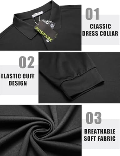 PINSPARK Mens Black Long Sleeve Polo Slim Fit Golf Shirts for Men Quick Dry Moisture Wicking Polo Shirts Collared Shirt Men - Image 4